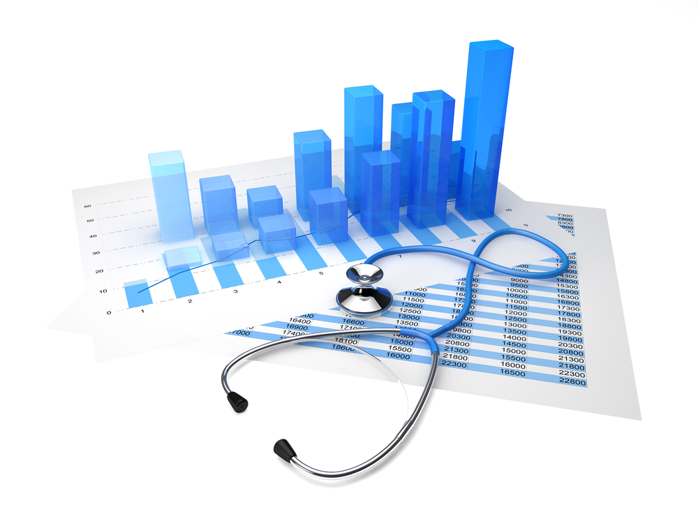Stethoscope placed on top of the sheet with statistical graphs