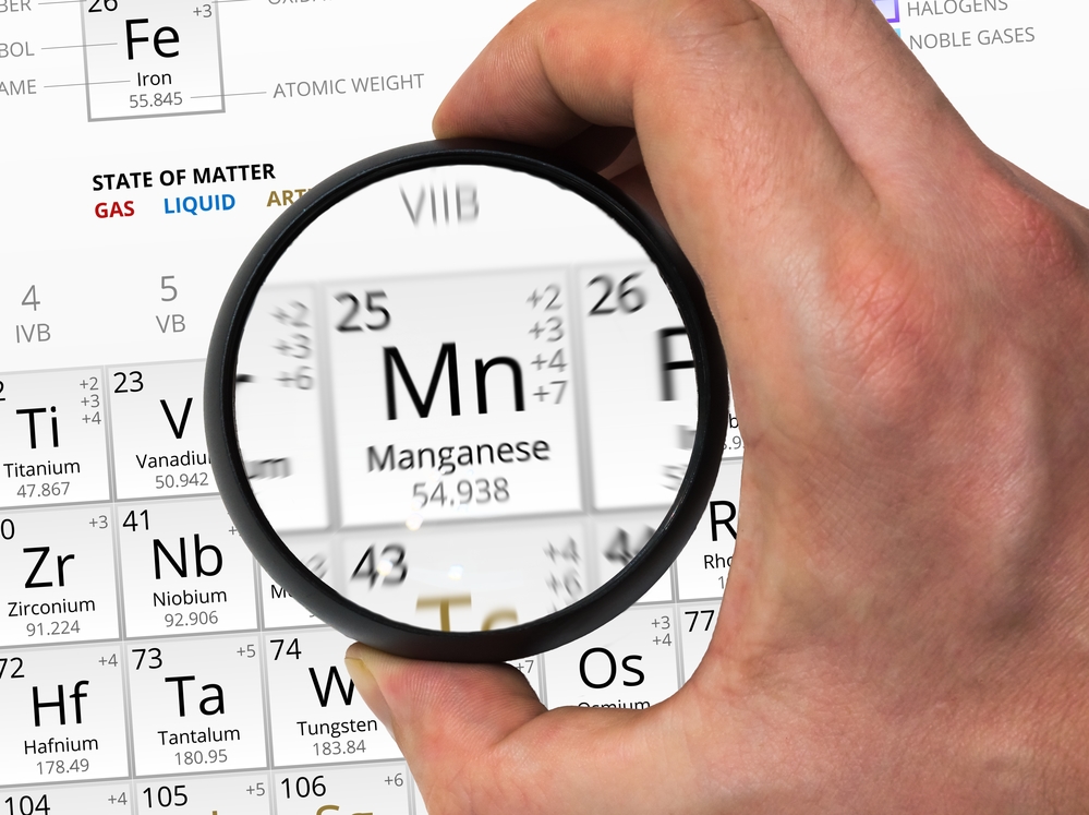 Manganese symbol - Mn. Element of the periodic table zoomed with